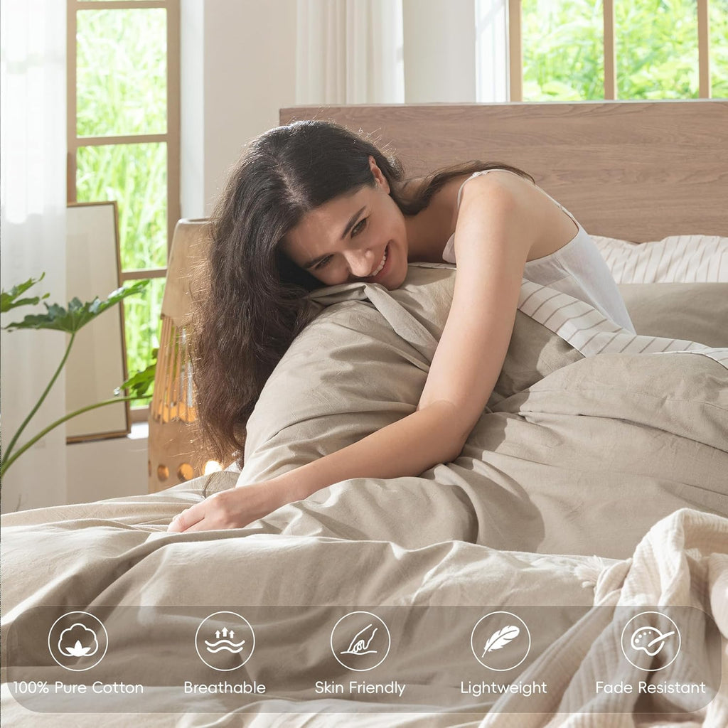 Bedding Duvet Cover Set 100% Washed Cotton Linen Like Textured Breathable Durable Soft Comfy (Heathered Tannish Linen