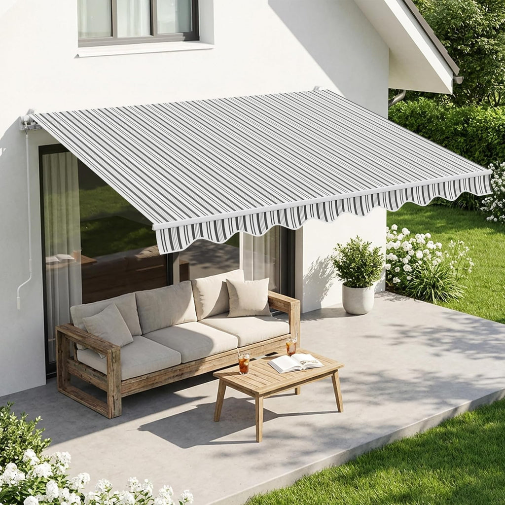 Retractable Patio Awning 8.2'×6.5', Grey with White Strip | Fully Assembled Retractable Balcony Awning, 280G