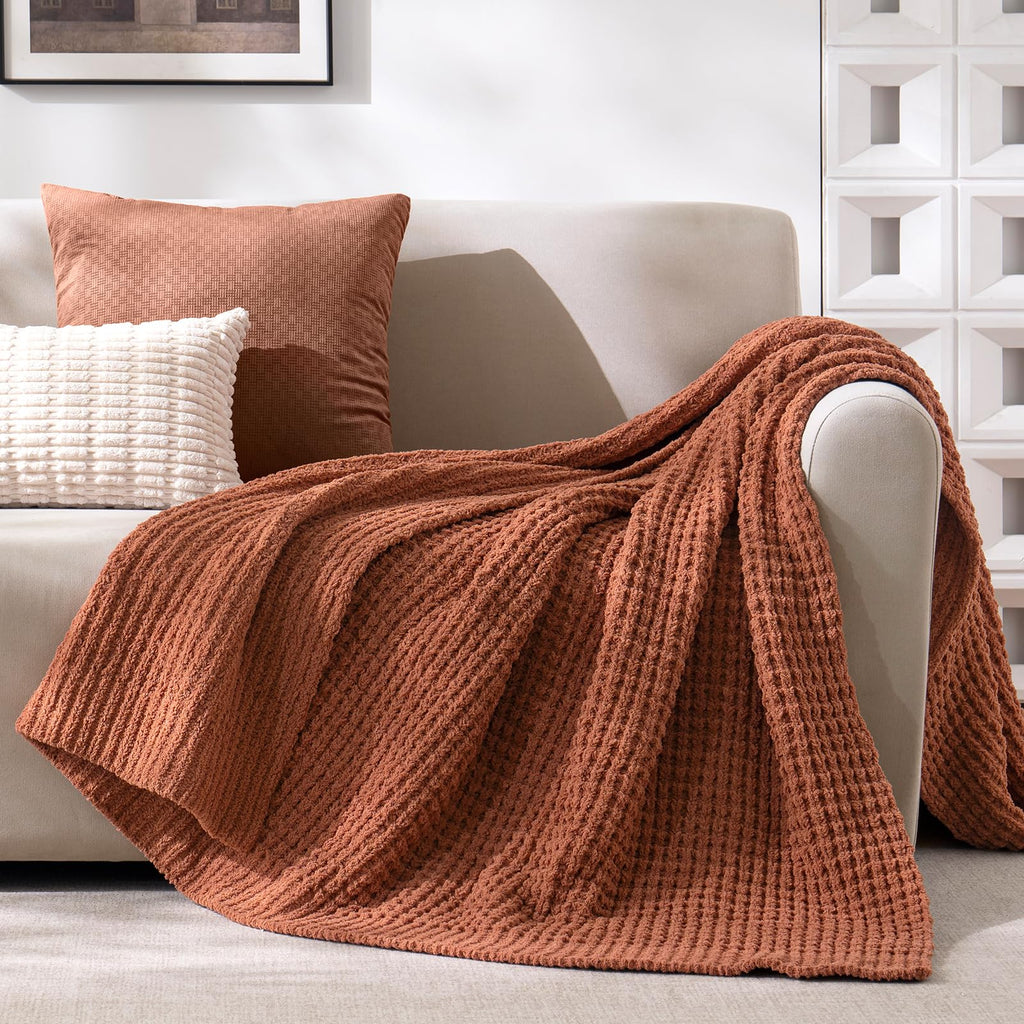 Soft Chenille Waffle Knit Throw Blanket for Sofa, Warm, Terracotta