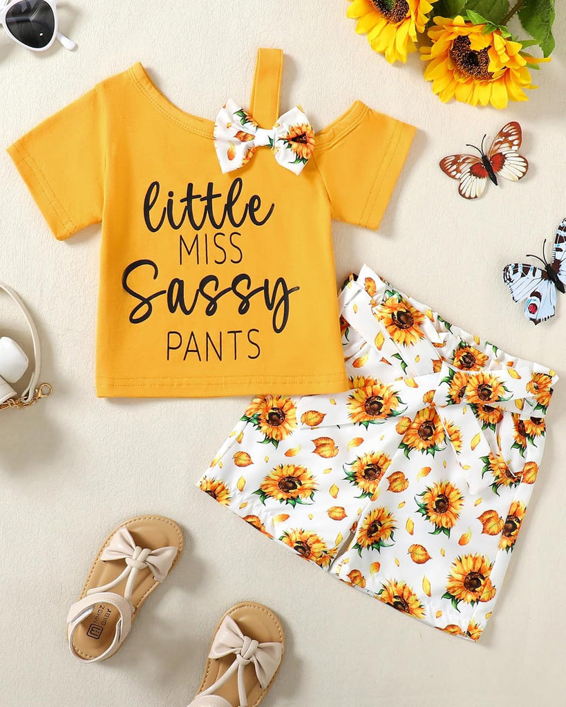 Toddler Baby Girl Summer Clothes Set Cute Asymmetrical Bow Sleeve Top & Pocket Shorts 2 Piece Outfit Casual Clothes