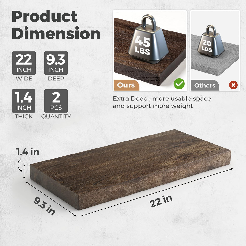 Elm Floating Shelves for Wall - 22" W x 9.3" D Rustic Solid Wood Shelves with Invisible Bracket, Wall-Mounted Storage