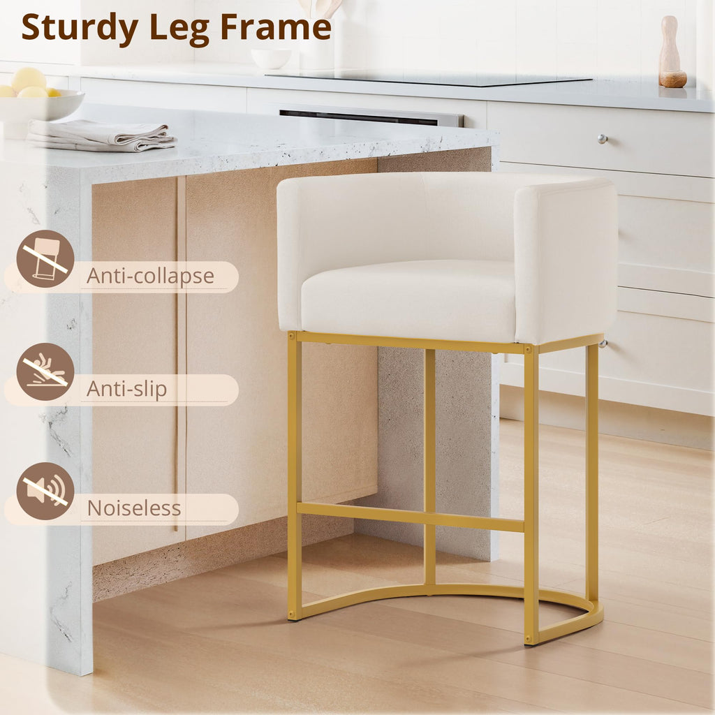 27" H Counter Height Bar Stools, Modern Barrel Counter Stools with Backrest and Arms, Gold Metal Frames, Linen Fabric