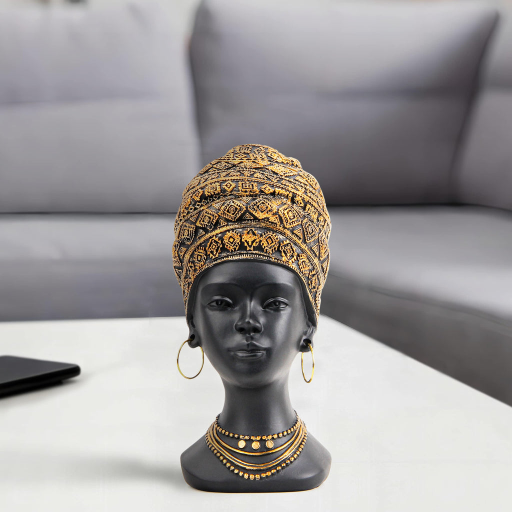 African Statue Decor, Women Bust Figurine Antique Gold