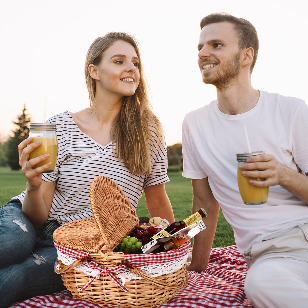 Picnic Basket with Blanket and Bamboo Plate Picnic Supplies, Red
