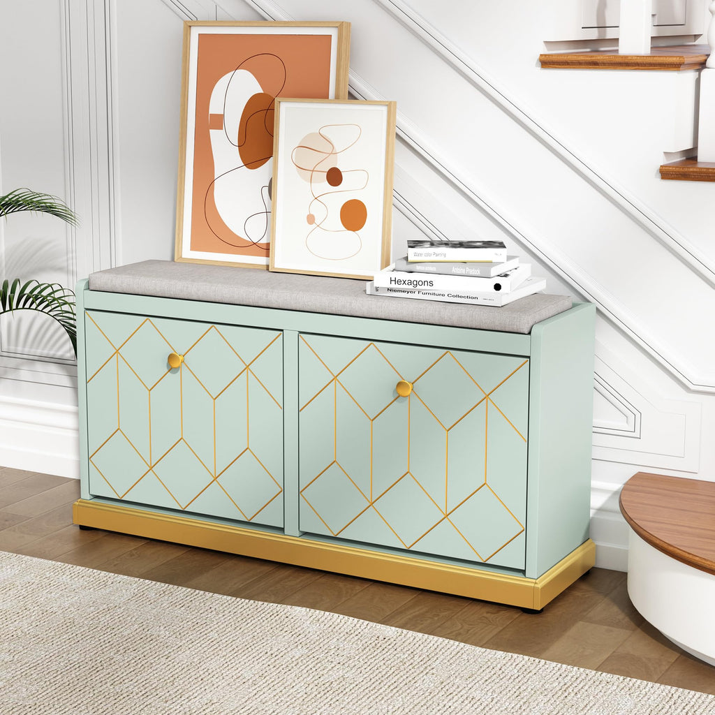 Shoe Storage Bench with 2 Flip Drawer & Padded Cushion Seat