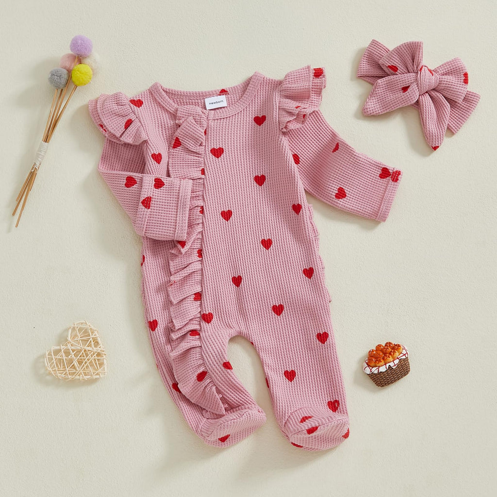 Girl Valentines Day Outfit Ruffle Heart Zipper Romper Long Sleeve Jumpsuit Knit Sweater Onesie Coming Home Outfit