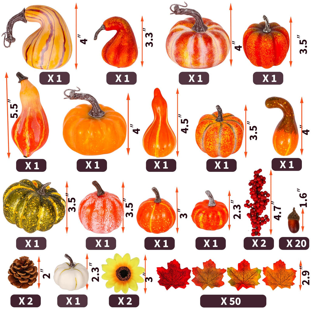 Thanksgiving Artificial Pumpkins Fall Decorations, 88 Pcs Decor- 50 Leaves, 20 Acorns, 2 Pinecones, 14 Fake
