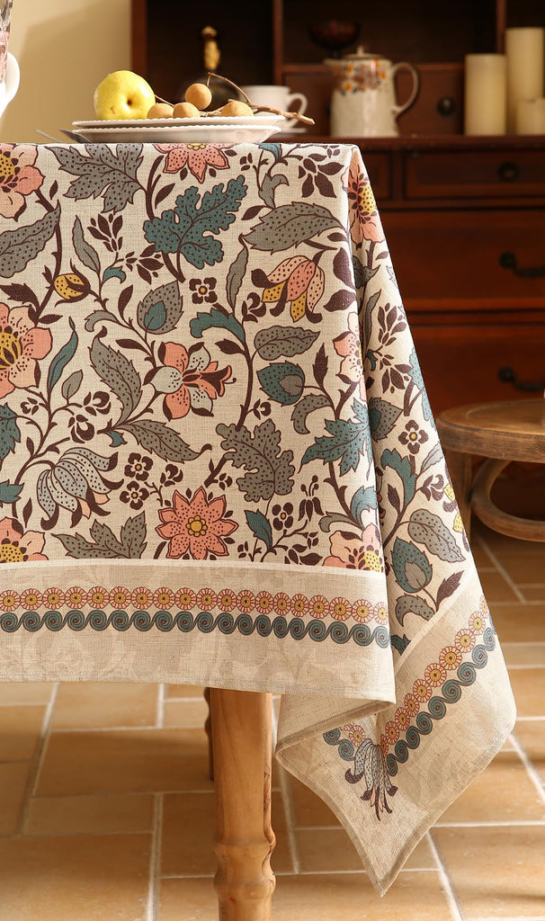 Designer Boho Floral Square Tablecloth, Linen Lotus Flower Pattern Colorful Indoor Table Cloth, Durable Decor