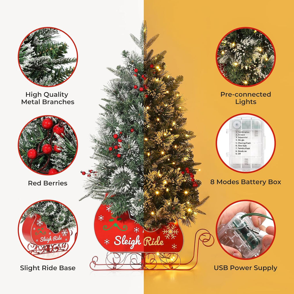 3 ft Christmas Tree with 78 Lights, Pre-Lit Artificial Desktop Xmas Tree with 8 Mode Includes Red Berries & Sleigh