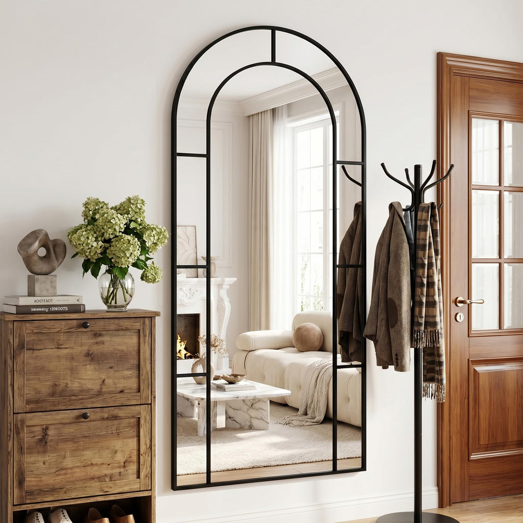 71" x 32" Arched Full Length Floor Mirror, Farmhouse Window Pane Mirror with Metal Frame, Decorative Leaning or Wall