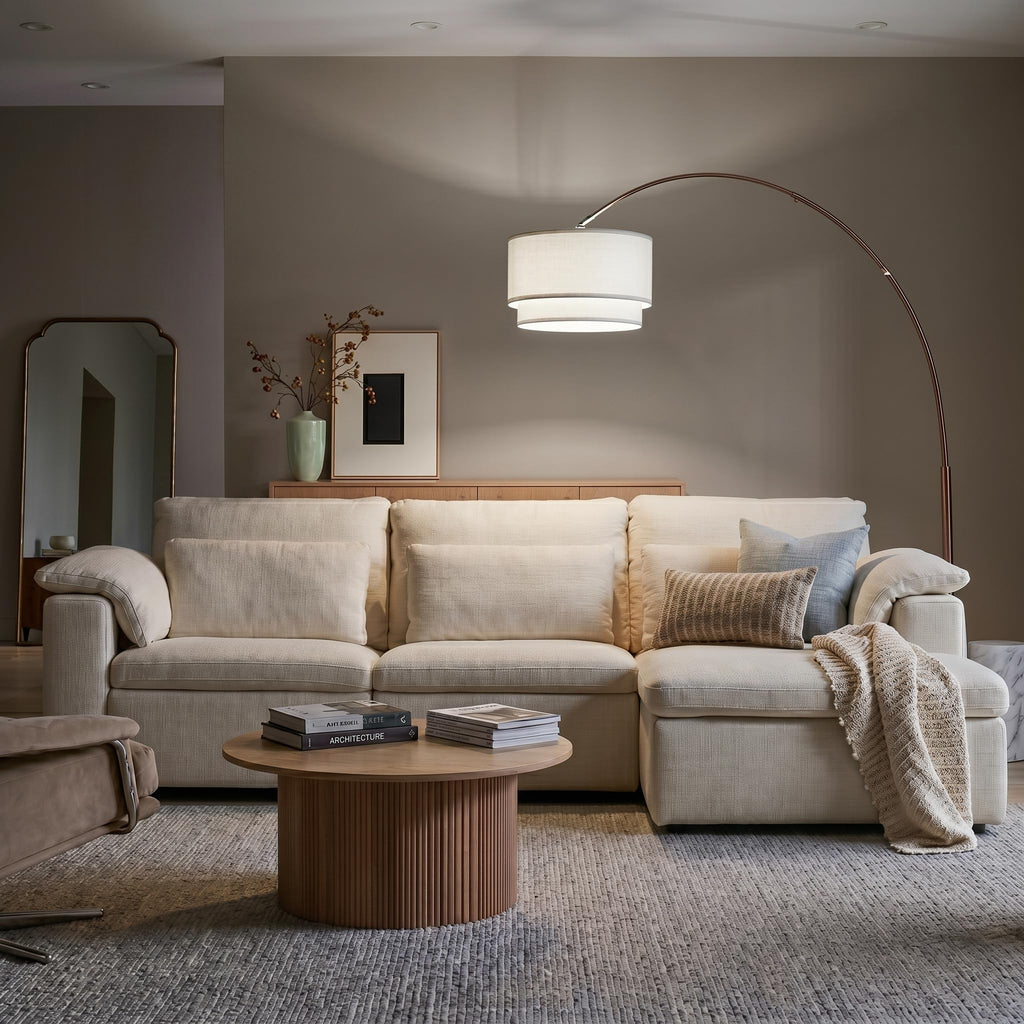 Inspired Arco Style Mason Arc Floor Lamp - Modern Corner Standing Lamp with Unique Hanging Drum Lamp Shade - Bright Overhead, Curved