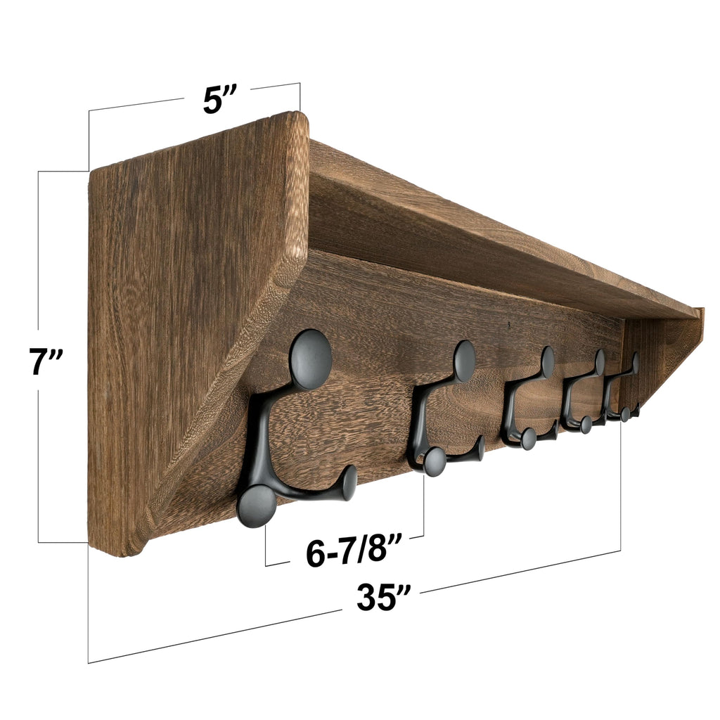 Wall Shelf with Hooks, 35-Inch Weathered Brown Wall Mounted Coat Rack with Shelf Organizer - Lightweight & Sturdy