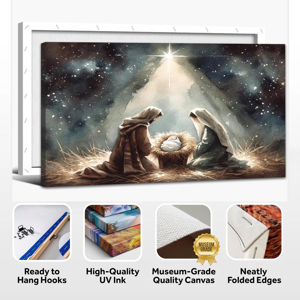 Large Jesus Nativity Canvas Wall Art, Spiritual Christian Religious Canvas Prints, Starry Night Faith Wall Decor