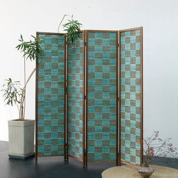 4 Panel Room Divider Screen and Folding Panel Screen, Double Sided Bamboo Divider for Room Separation, Blue Square, 67"