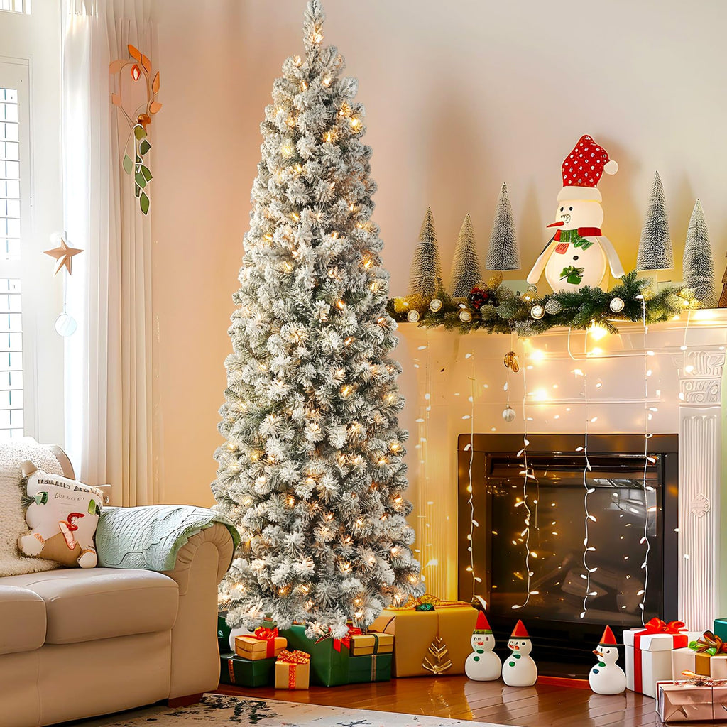7ft Prelit Snow Flocked Artificial Slim Pencil Christmas Tree