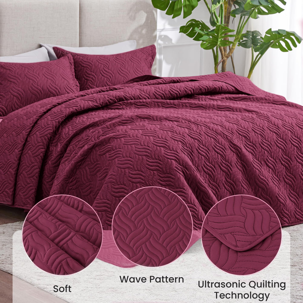Oversized King Quilt Set, Soft Bedspread Comforter, Burgundy