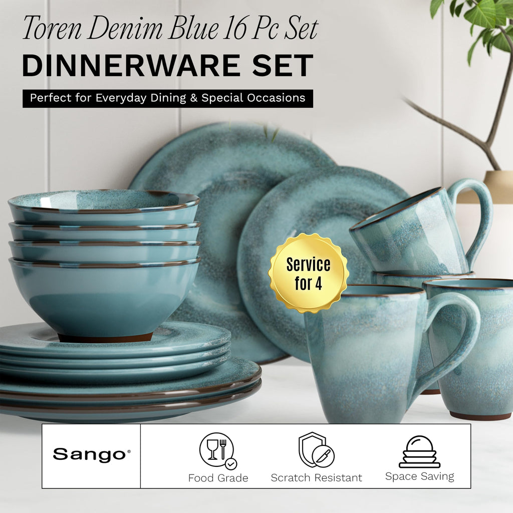 16-Piece Stoneware Dinnerware Set for 4, Glossy Blue & Green Coffee Mugs, Plates and Bowls Sets with Reactive Glaze
