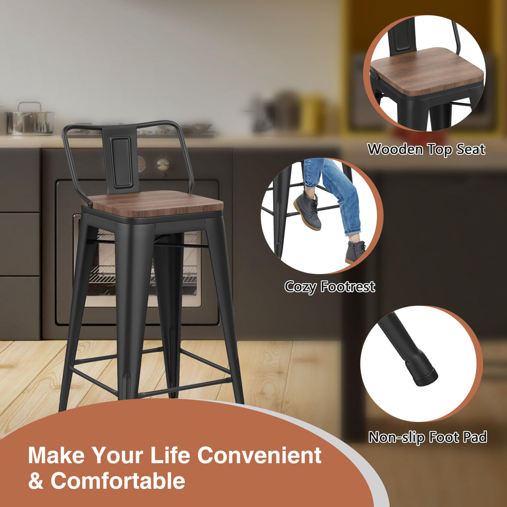 30 Inch Bar Stools Set of 4 Industrial Metal Barstools Bar Height Bar Stool with Backs Kitchen (30 inch, Black)