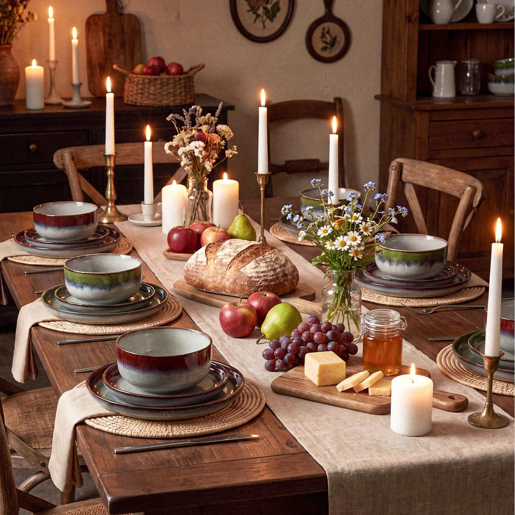 Dinnerware Set for 6, Green Reactive Glaze Plates and Bowls Sets