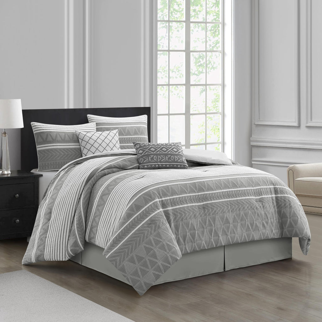 Comforter Set, 6 Piece, Color Grey, Geometric Jacquard Bedding Set, Matching Bedskirt, Pillows & Shams