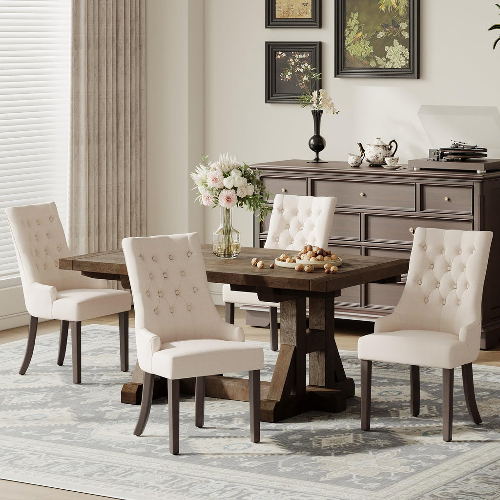 Fabric Side Set of 4, Wingback Upholstered Dining Room Chairs with Tufted Button, Living Room Chairs Kitchen, Beige