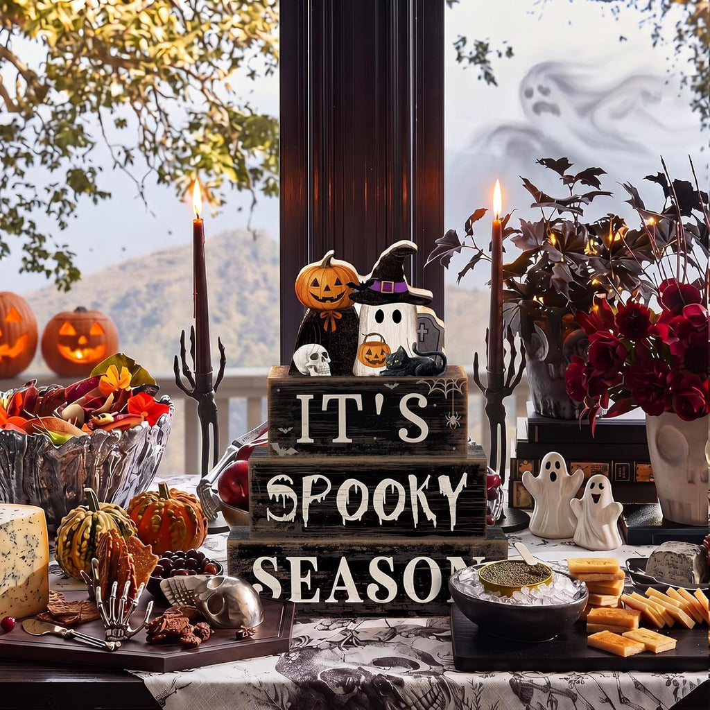Halloween Table Decor Pumpkin Ghost Wood Stacked Block Decor - Set of 4