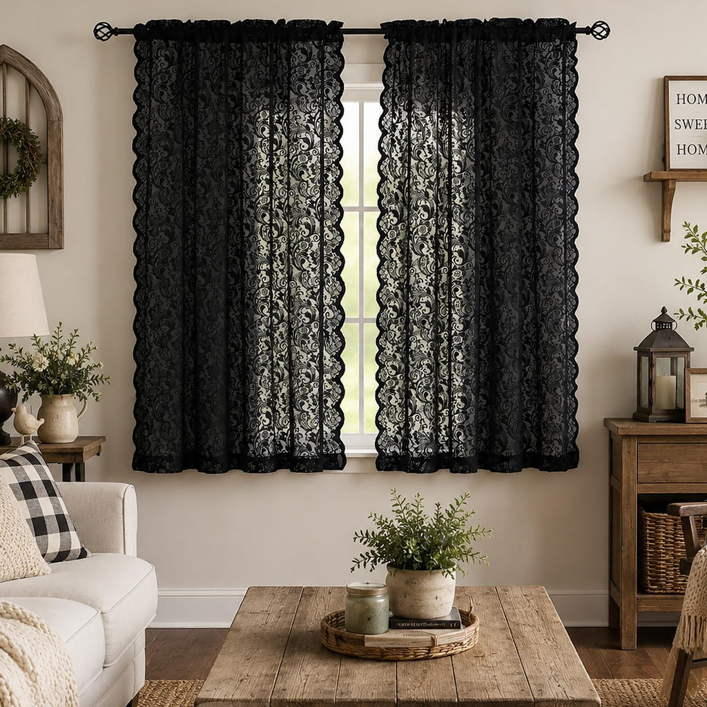Black Lace Curtains, Gothic Style, 52W x 63L Inch