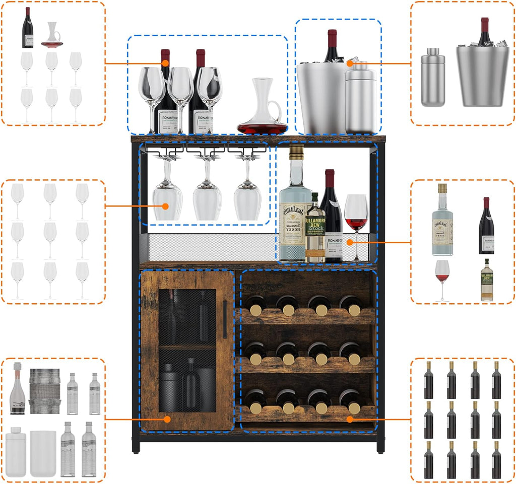 Wine Bar Cabinet with Detachable Wine Rack and Storage Space | 3-Tier Buffet Cabinet with Glass Holder and Mesh Door