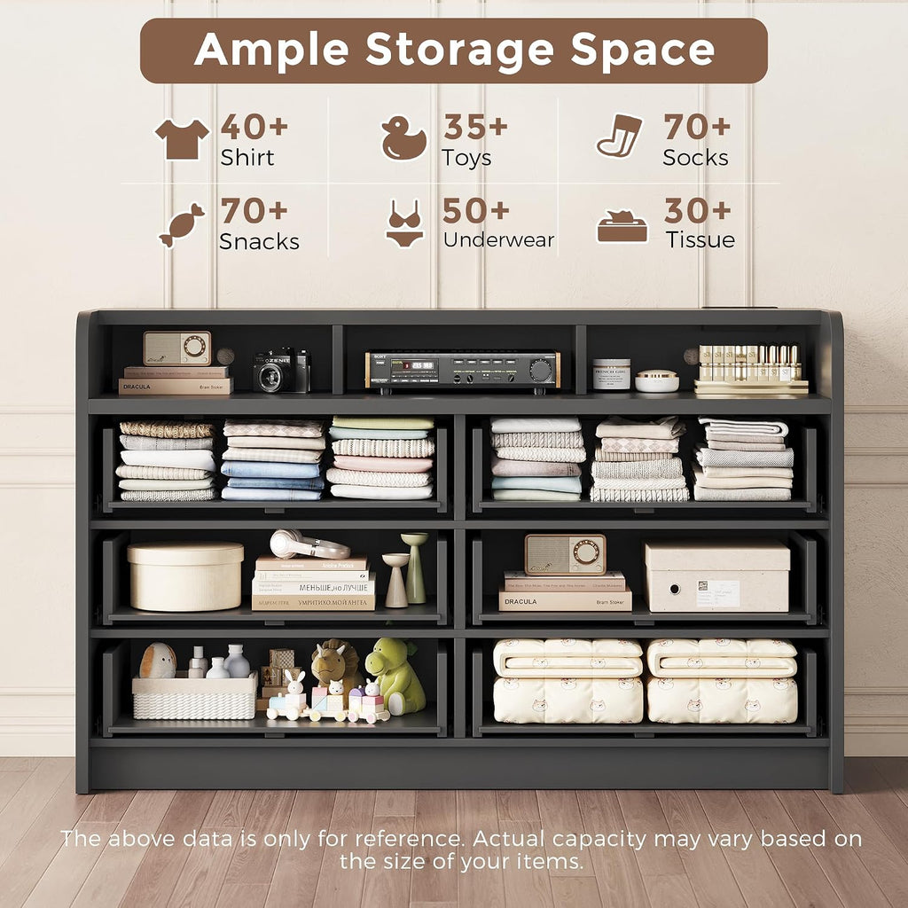 53'' Wide 9 Drawer Dresser , Wood TV Stand Dresser with Power Outlets & LED Light, Chest of Drawers Closet Store