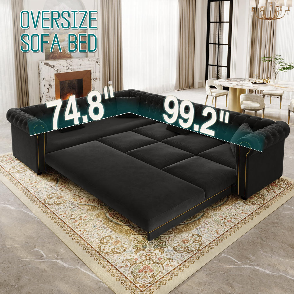 115.3" L-Shaped Sofa Couch with Pull Out Bed, Oversize Convertible Sectional Sleeper Sofa with Button Tufted & Rolled
