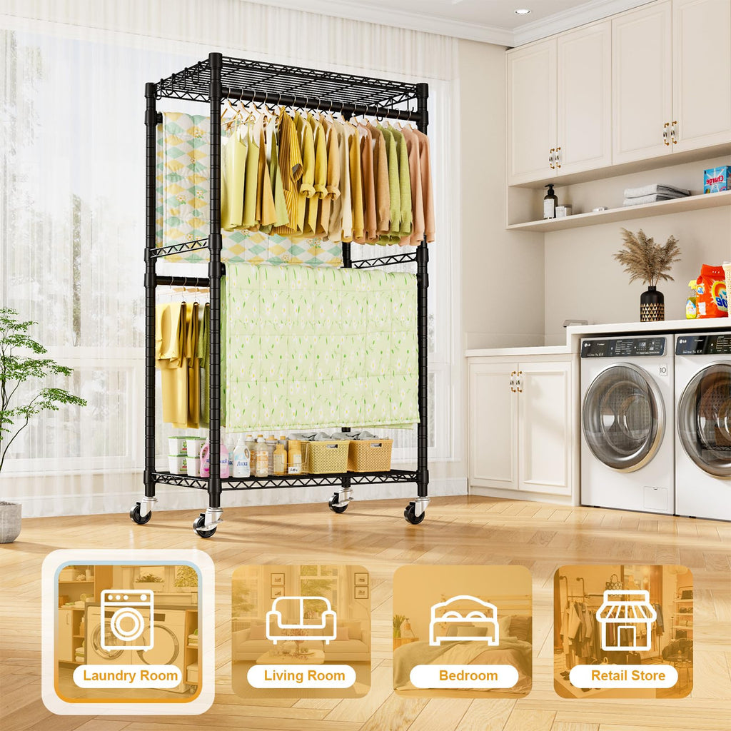 P4 Rolling Clothes Rack, Clothing Racks for Hanging Clothes, Black