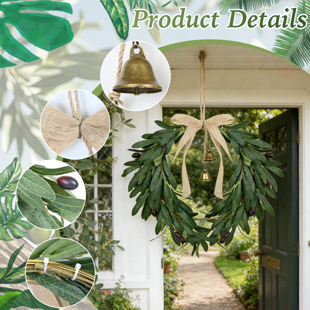 Spring Wreath for Front Door Artificial Olive Leaf & Fruit Wreath- Heart Shaped Greenery Hanging Olive Bunch for