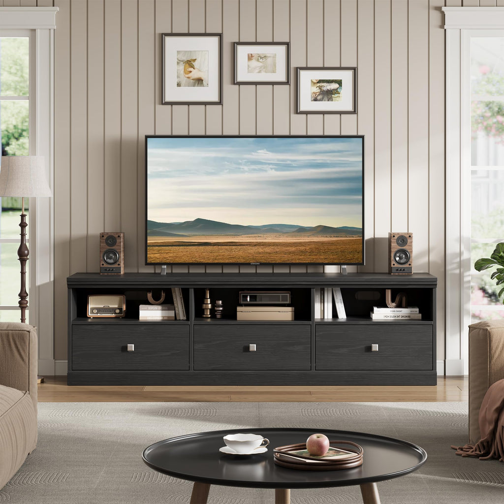 70 Inch Mid-Century Modern TV Stand for 65/70/75 in TV, Entertainment Center with 3 Storage Drawers & Open Shelves
