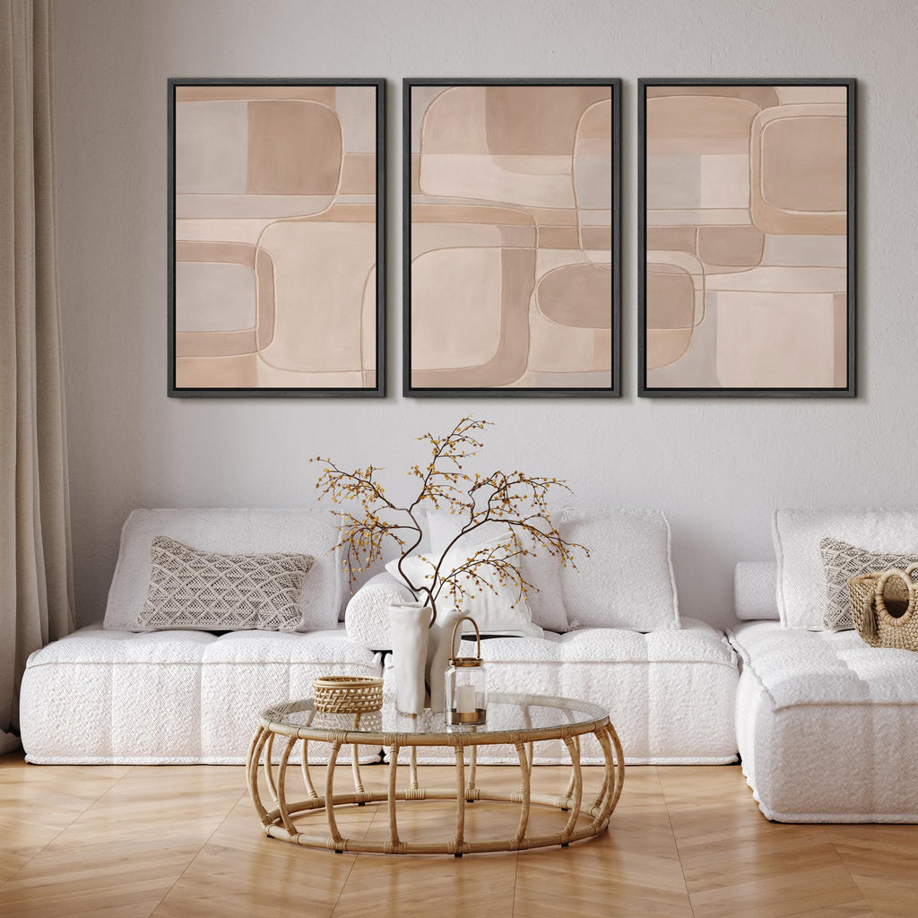 Framed Canvas Print Wall Art Set Soft Neutral Geometric Abstract Illustrations Modern Art Relax/Calm - 16"x24"x3 BLACK