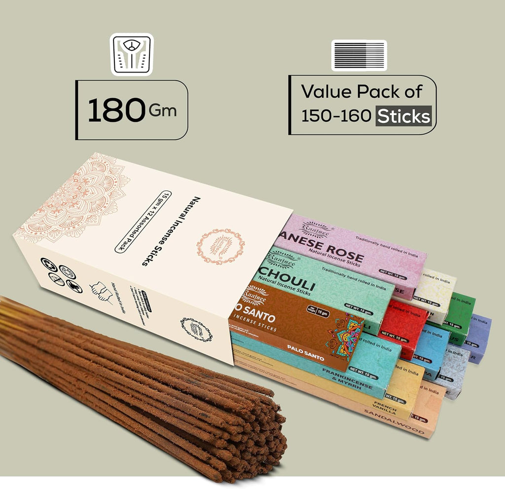 Incense Sticks Assorted Pack (180 gm), 100% Pure Organic Natural Hand Rolled Free from Chemicals - Set of 12