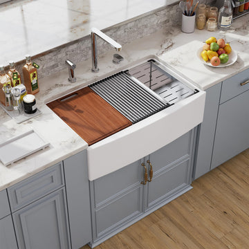 33 White Farmhouse Sink Workstation, Undermount Farm Kitchen Sink 33x21 inch Apron Front White Porcelain Ceramic