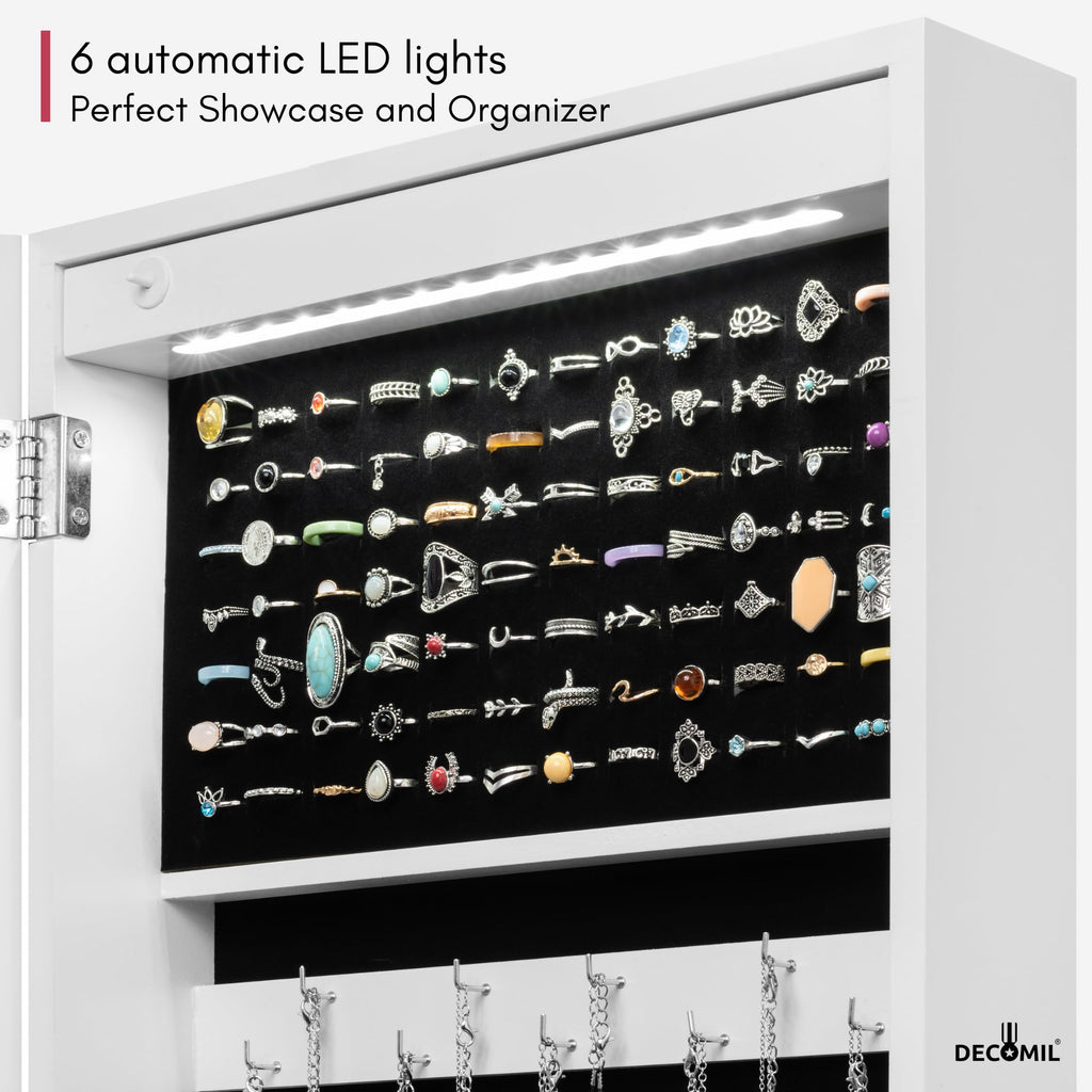 LED Light Jewelry Cabinet Armoire with Mirror, Large Storage 57" Tall Mirrored Armoire Box Necklace Ring 27 Hook