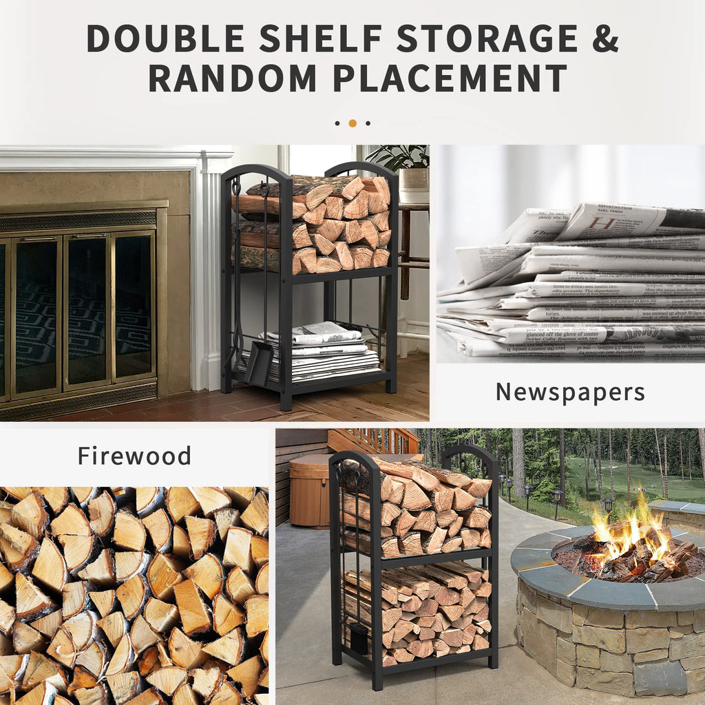 Firewood Rack with Fireplace Tools Set, Fireplace Tool Rack for Indoor Outdoor Fire Log Holder Wrought Iron Large