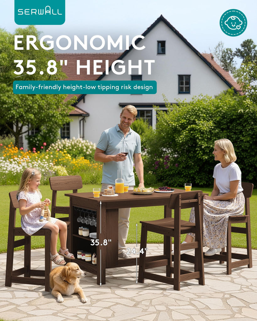 Outdoor HDPE Counter-Height Bar Table with Storage Rack, Brown