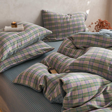 Vintage Buffalo Plaid Duvet Cover Queen 100% Cotton Muslin Gingham Duvet Cover Green&Pink&Purple Plaid Checkered