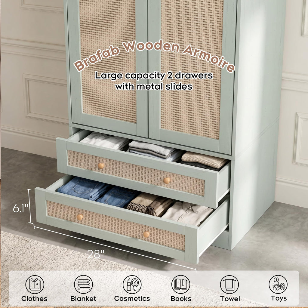 2 Doors Wooden Armoire Wardrobe Closet with 2 Drawers, Mint
