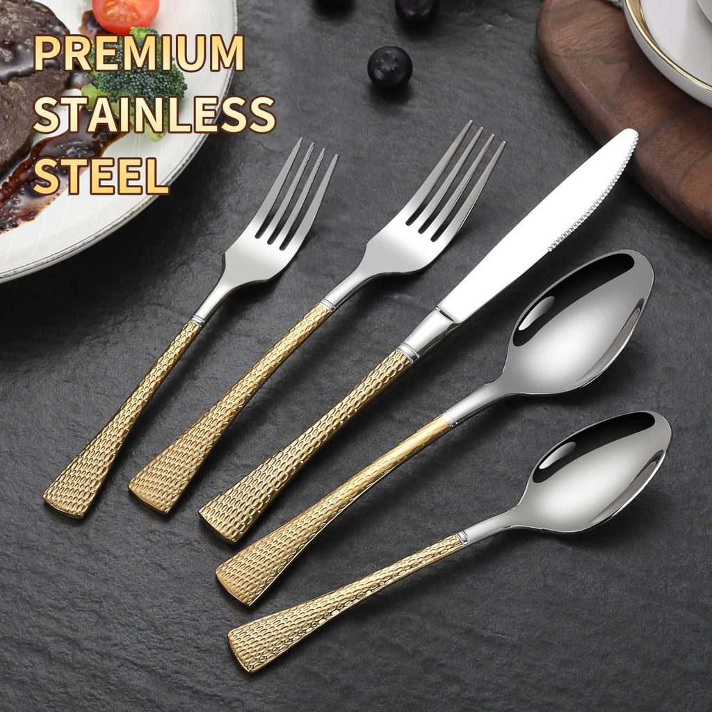 Hammered Silver Gold Silverware Set,20 Piece Modern Flatware Set Service for 4,Mirror Polished Stainless Steel