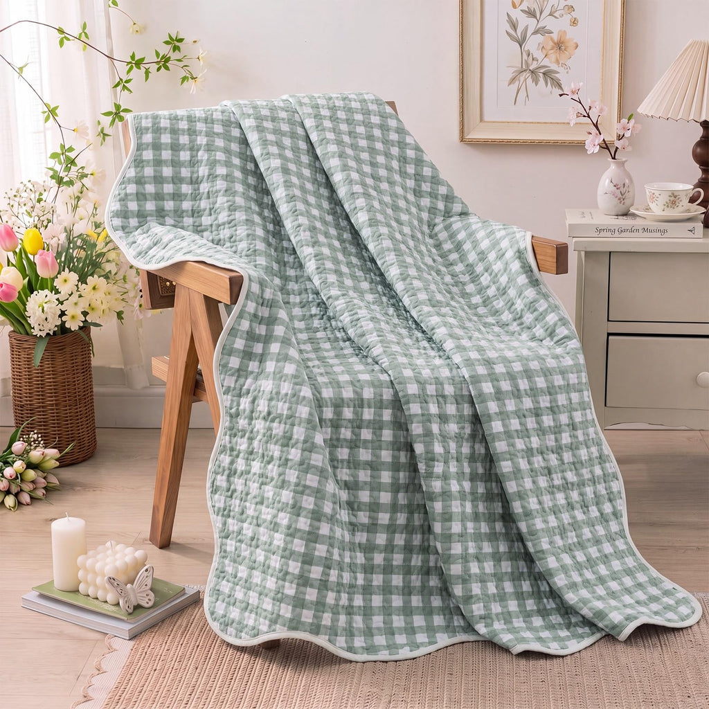 Gingham Quilted Throw Blanket Sage Green Scalloped Blanket