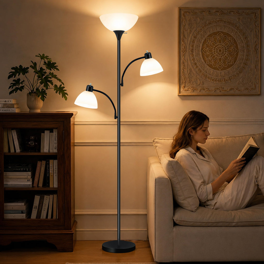 72" 3-Head Torchiere Floor Lamps with 2 Reading Lamp -Black