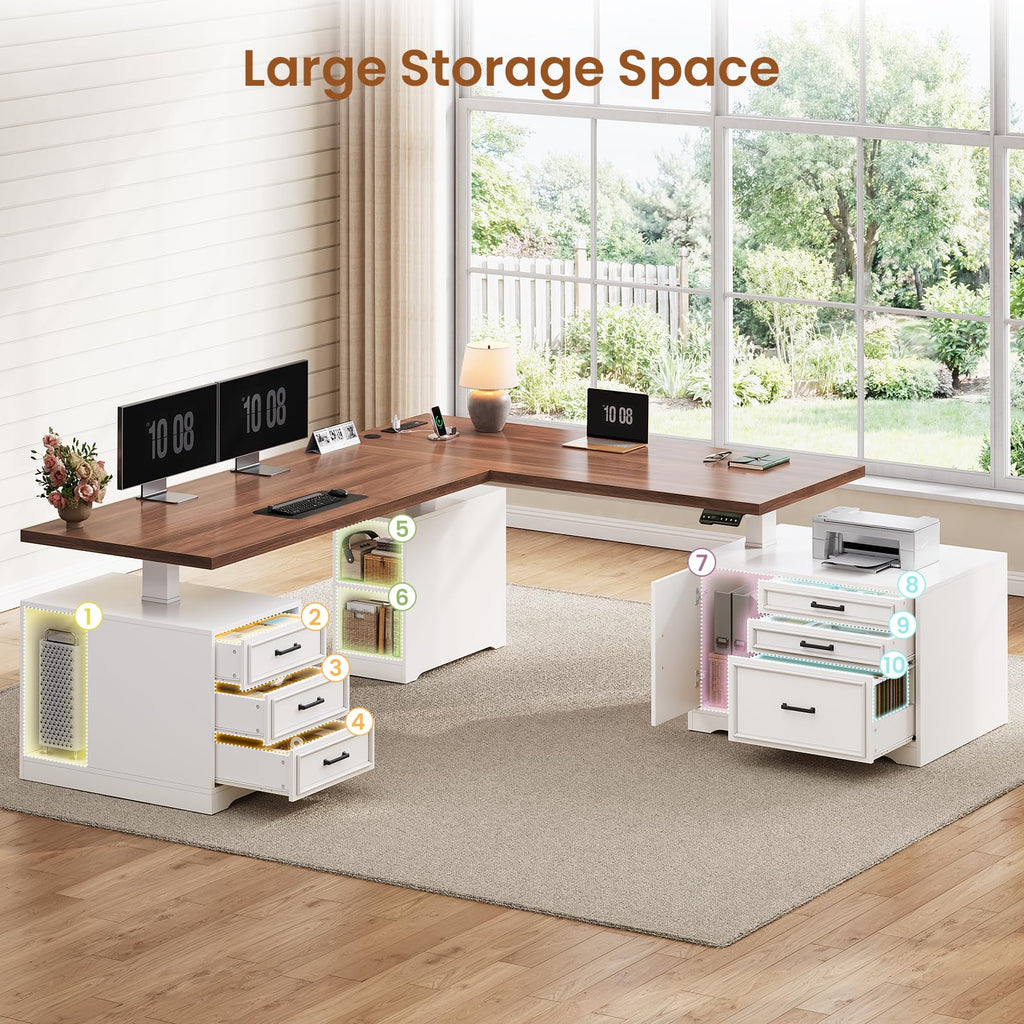 Farmhouse L Shaped Electric Standing Desk with File Cabinet, 77 x 55'' Height Adjustable Home Office Computer Desk