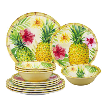 12 Piece Pineapple Melamine Dinnerware Sets, Outdoor Dishes Set, Plates and Bowls Sets, Service for 4, Multicolor