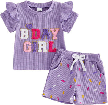 Toddler Baby Girl Birthday Outfit Donut Birthday Girl Shirt Ruffle Sleeve T-shirt Top Shorts Set Cute Summer Clothes