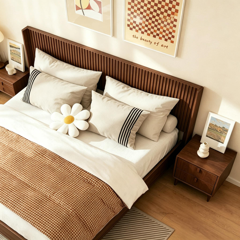 Queen Size Fluted Headboard Only, 64" Walnut Wall Mount