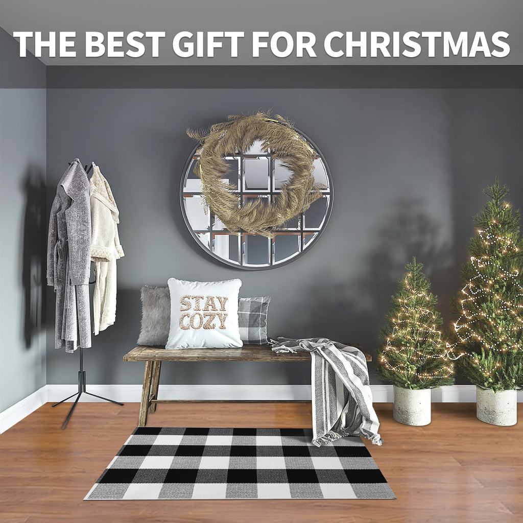 2x3 Buffalo Plaid Rug, Washable Outdoor Door Mat, Black White
