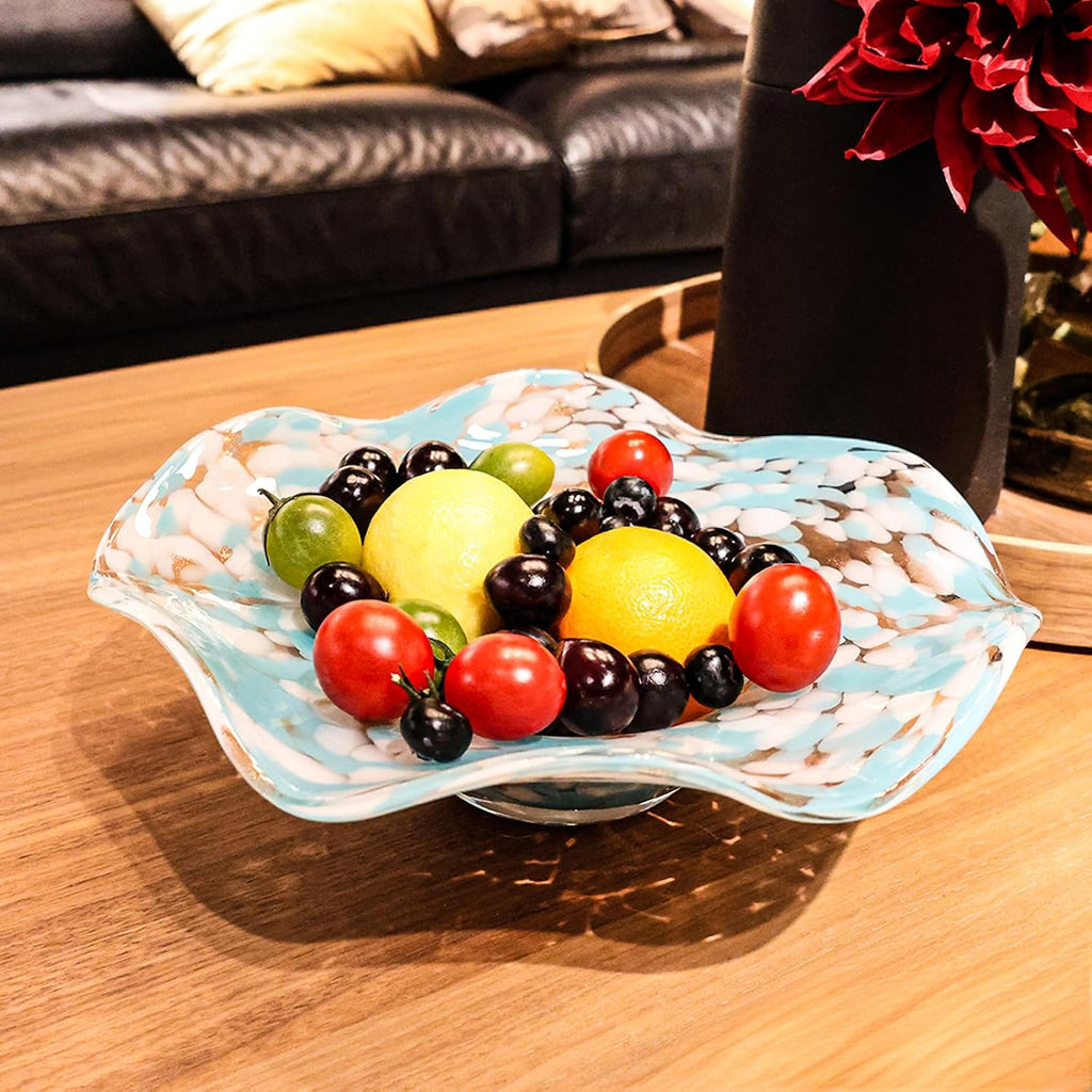 Hand Blown Murano-style Art Glass Bowl, 10.2-Inch Large Decorative Centerpiece for Table, Cobalt Blue Fruit Display &